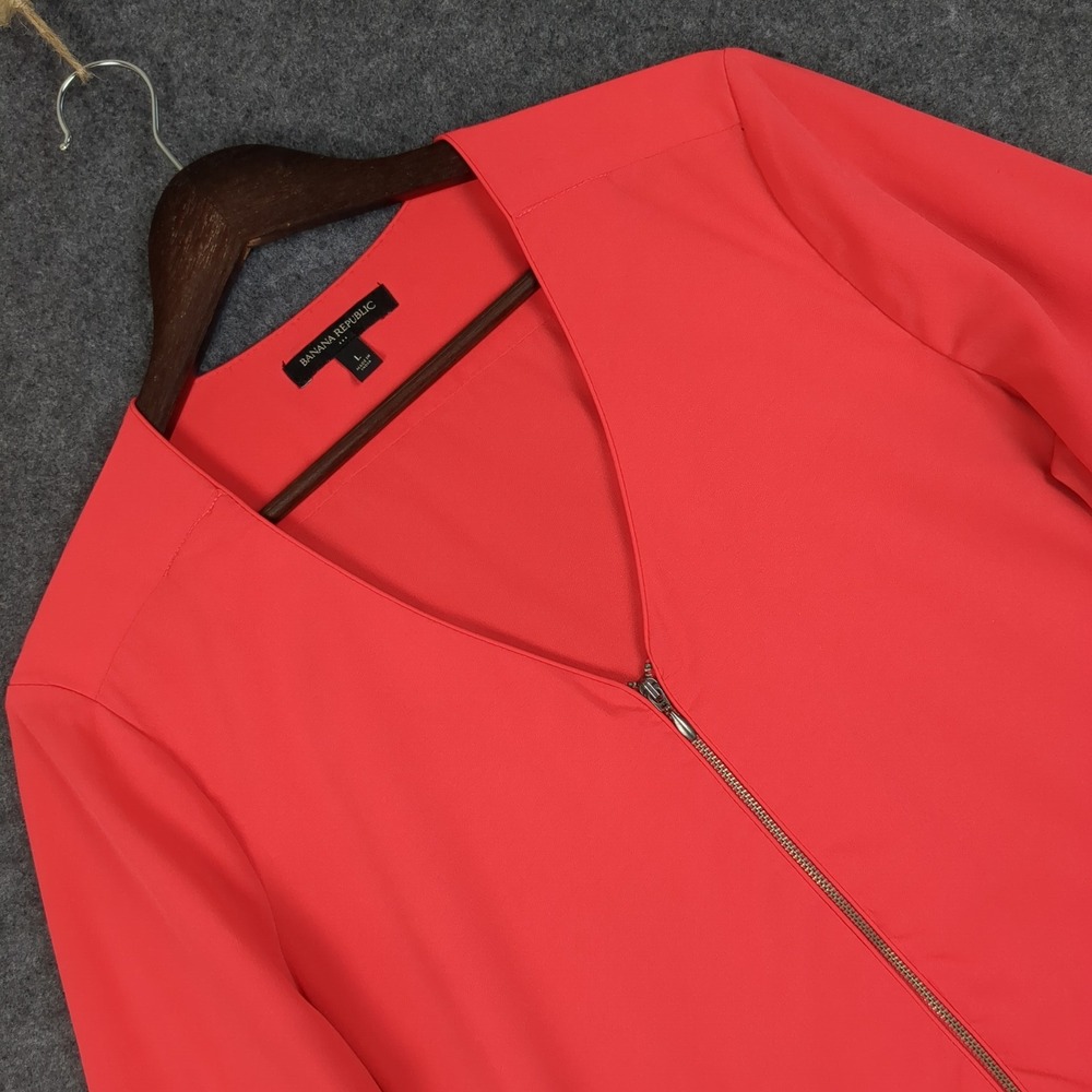 Banana Republic Coral Pink‎ Zip Front V-Neck 3/4 Sleeve Blouse Top Large